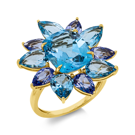 Ring 18 kt GG, 5 Topase 3,80 ct blau, 1 Topas 5,10 ct blau, 5 Tansanit 2,20 ct blau
