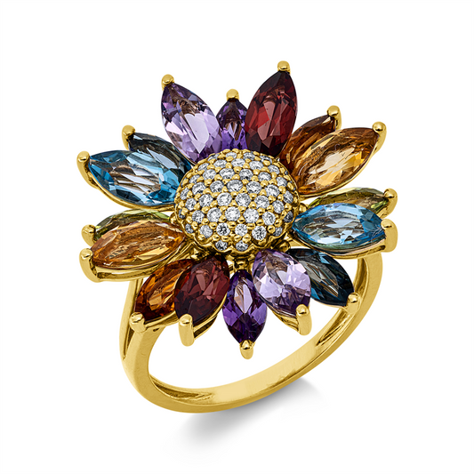 Ring 18 kt GG, 49 Brill. 0,22 ct, TW-si, 16 Farbsteine 5,20 ct multicolor