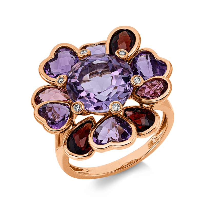 Ring 18 kt RG, 6 Brill. 0,05 ct, TW-pi, 10 Farbsteine 5,70 ct multicolor, 1 Amethyst 3,80 ct pink