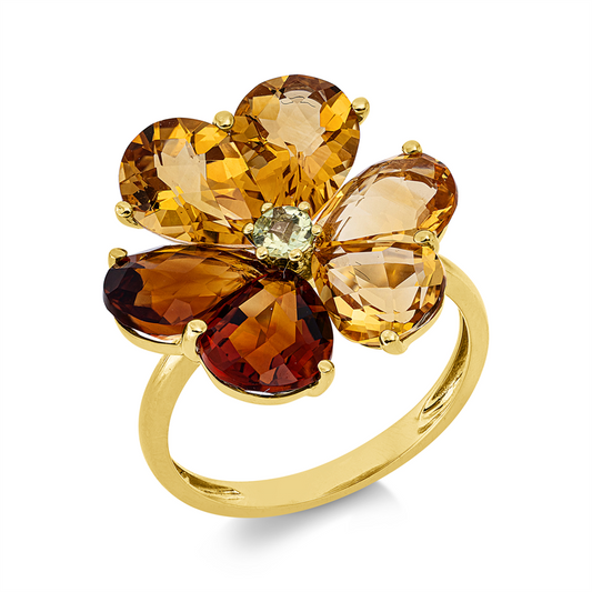 Ring 18 kt GG, 4 Citrin 4,40 ct gelb, 2 Citrin 2,60 ct mandarin, 1 Peridot 0,20 ct grün
