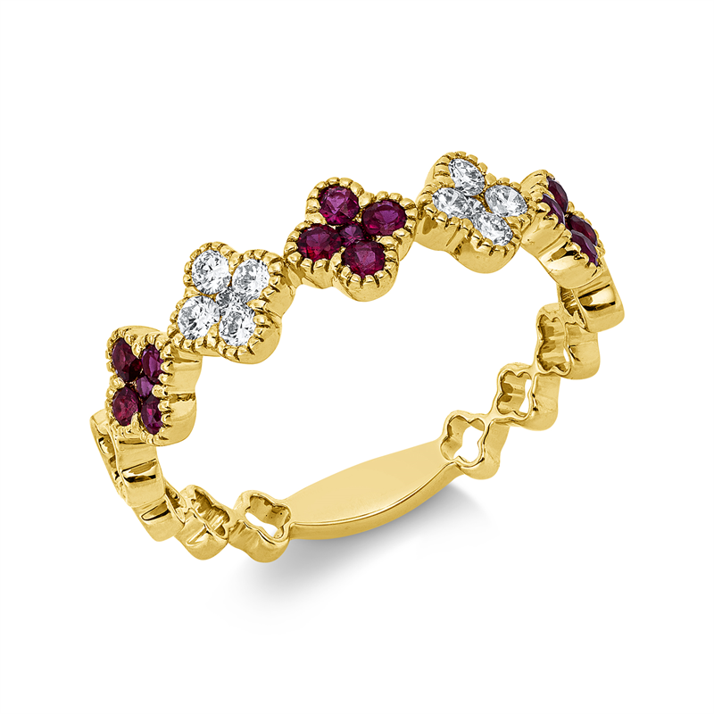Ring 18 kt GG, 10 Brill. 0,18 ct, TW-si, 15 Rubine 0,33 ct rot