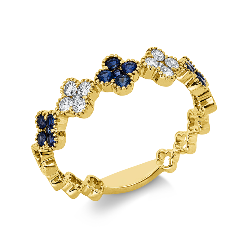 Ring 18 kt GG, 10 Brill. 0,18 ct, TW-si, 15 Saphire 0,32 ct blau