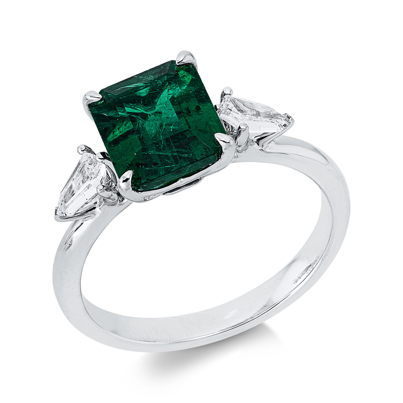 Ring 18 kt WG, 2 Fant-Schl. 0,32 ct, E-si, 1 Smaragd 1,79 ct grün