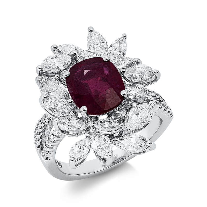 Ring 18 kt WG, 18 Nav. 2,89 ct, F-vsi/si, 28 Brill. 0,17 ct, F-vsi/si, 1 Rubin 2,76 ct rot