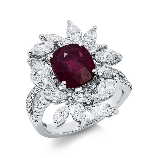 Ring 18 kt WG, 18 Nav. 2,89 ct, F-vsi/si, 28 Brill. 0,17 ct, F-vsi/si, 1 Rubin 2,76 ct rot