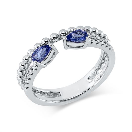 Ring 14 kt WG, 10 Brill. 0,11 ct, W-si, 2 Tansanit 0,42 ct blau