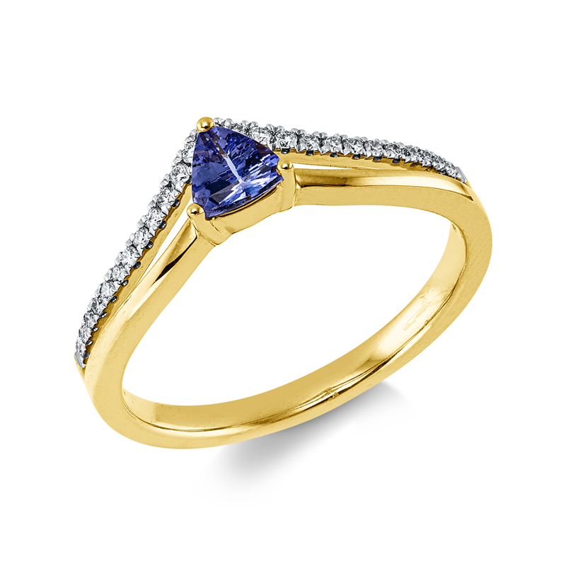 Ring 14 kt GG+WG, 25 Brill. 0,10 ct, W-si/pi, 1 Tansanit 0,32 ct blau