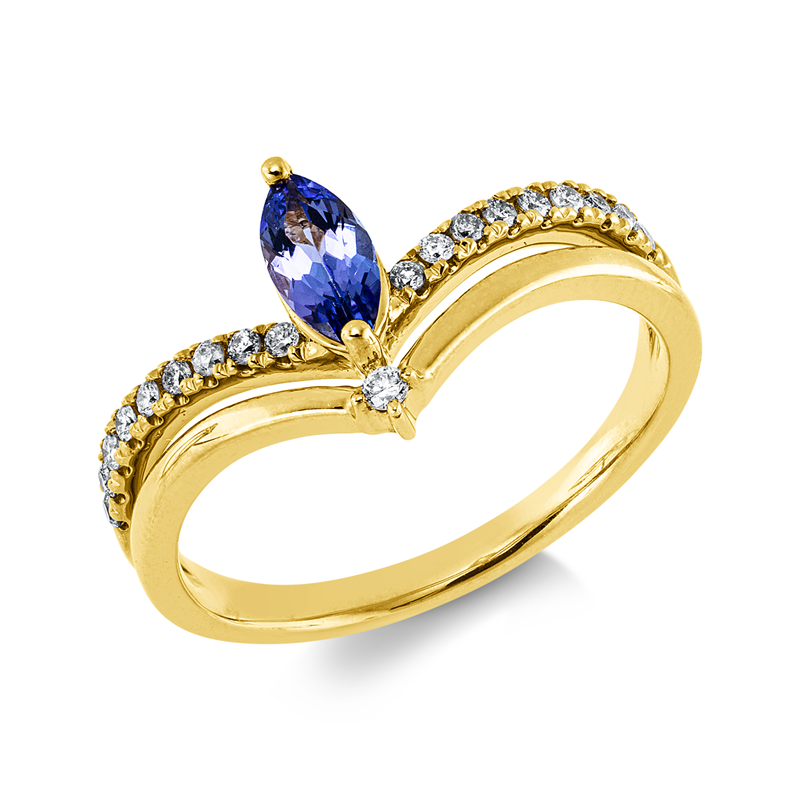 Ring 14 kt GG, 19 Brill. 0,15 ct, W-pi, 1 Tansanit 0,36 ct blau