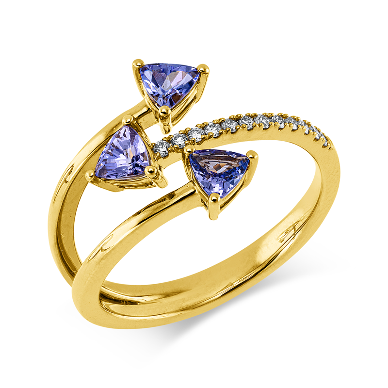 Ring 14 kt GG, 12 Brill. 0,10 ct, W-si/pi, 3 Tansanit 0,68 ct blau