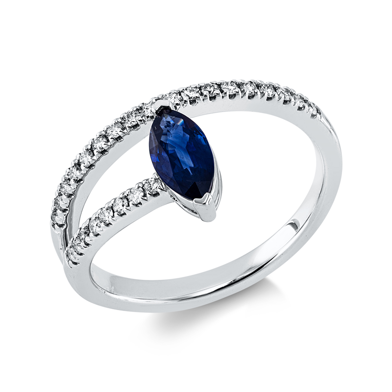 Ring 14 kt WG, 26 Brill. 0,18 ct, W-si/pi, 1 Saphir 0,61 ct blau