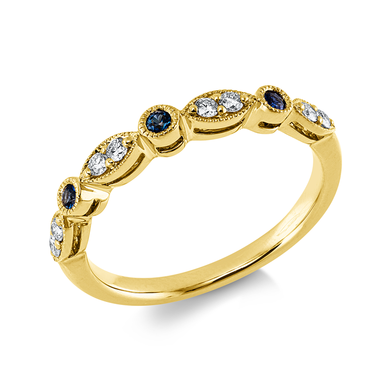 Ring 14 kt GG, 8 Brill. 0,16 ct, W-si/pi, 3 Saphire 0,10 ct blau