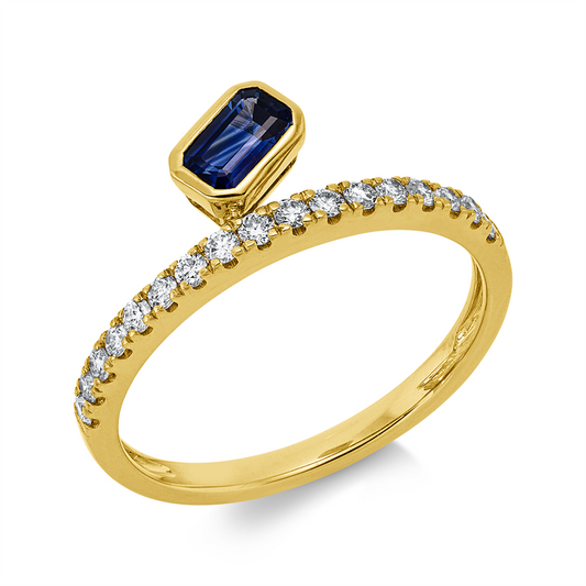 Ring 14 kt GG, 17 Brill. 0,24 ct, W-si/pi, 1 Saphir 0,31 ct blau