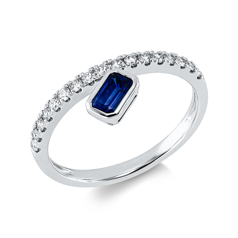 Ring 14 kt WG, 17 Brill. 0,24 ct, W-si/pi, 1 Saphir 0,33 ct blau