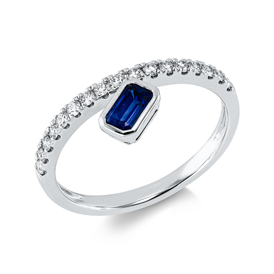 Ring 14 kt WG, 17 Brill. 0,24 ct, W-si/pi, 1 Saphir 0,33 ct blau
