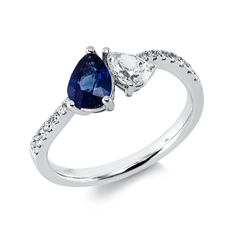 Ring 18 kt WG, 1 Saphir 0,76 ct blau, 1 Tropfen 0,35 ct, W-si, 14 Brill. 0,14 ct, W-si