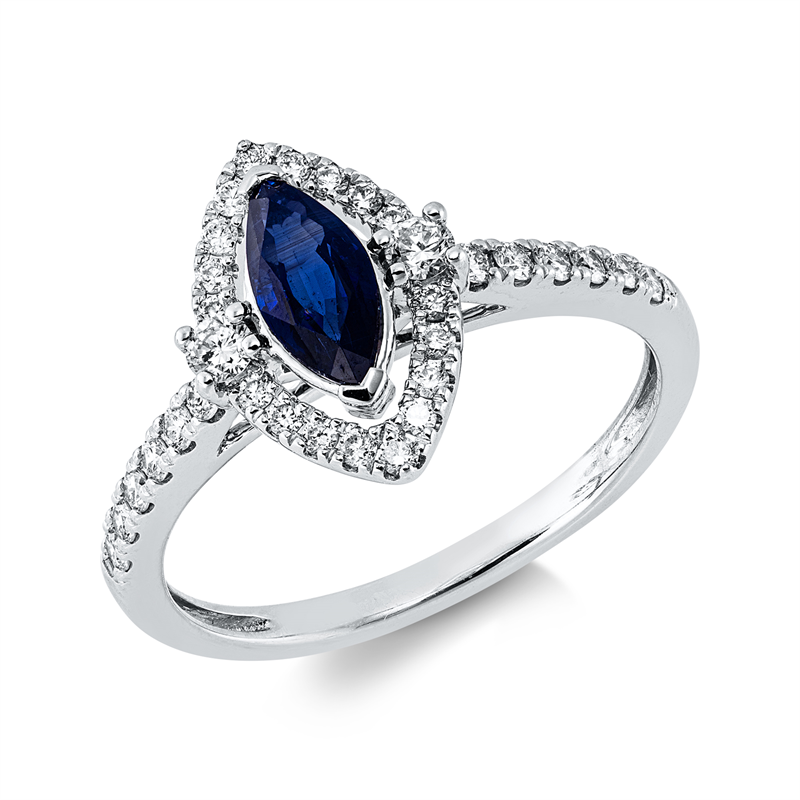 Ring 14 kt WG, 1 Saphir 0,53 ct blau, 30 Brill. 0,29 ct, W-si/pi, 2 Brill. 0,08 ct, W-si/pi