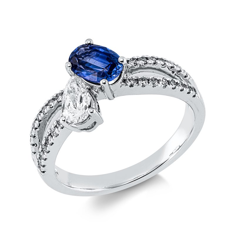 Ring 18 kt WG, 32 Brill. 0,23 ct, W-si, 1 Tropfen 0,32 ct, W-si, 1 Saphir 0,85 ct blau