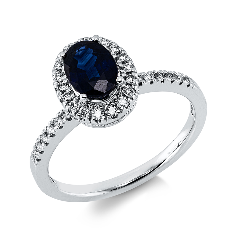 Ring 14 kt WG, 30 Brill. 0,23 ct, W-si, 1 Saphir 1,03 ct blau