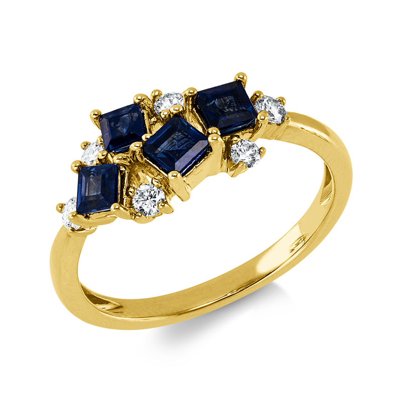 Ring 14 kt GG, 6 Brill. 0,20 ct, W-si/pi, 4 Saphire 0,88 ct blau