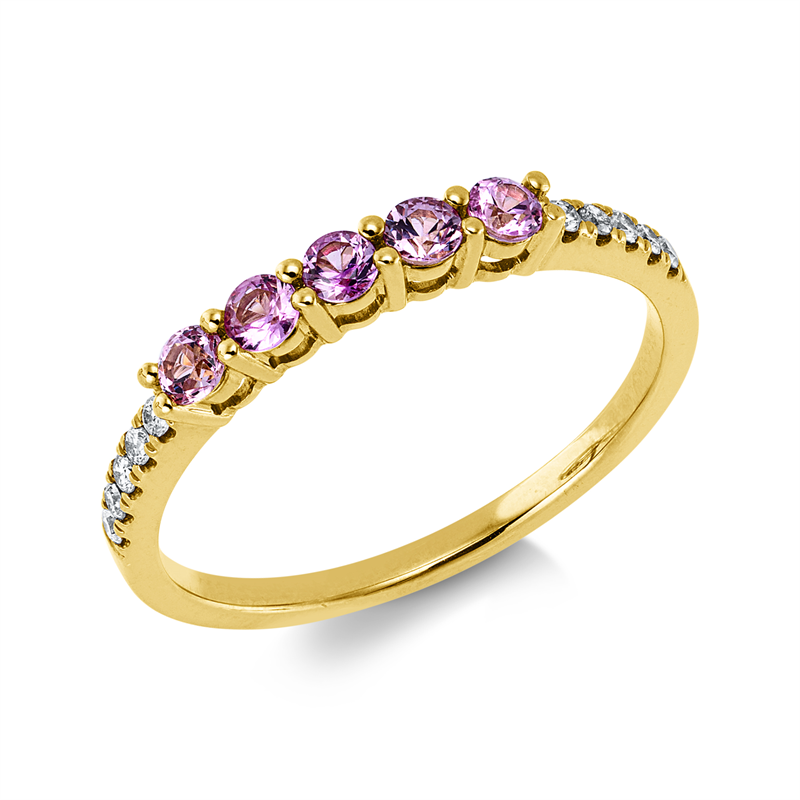 Ring 14 kt GG, 10 Brill. 0,09 ct, W-pi, 5 Saphire 0,37 ct pink