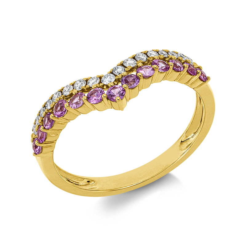 Ring 14 kt GG, 17 Brill. 0,16 ct, W-si/pi, 13 Saphire 0,42 ct pink