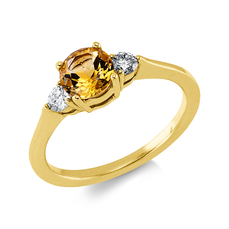 Ring 14 kt GG, 2 Brill. 0,19 ct, W-si, 1 Citrin 0,76 ct gelb