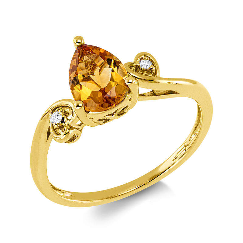 Ring 14 kt GG, 2 Brill. 0,02 ct, W-si/pi, 1 Citrin 1,00 ct gelb
