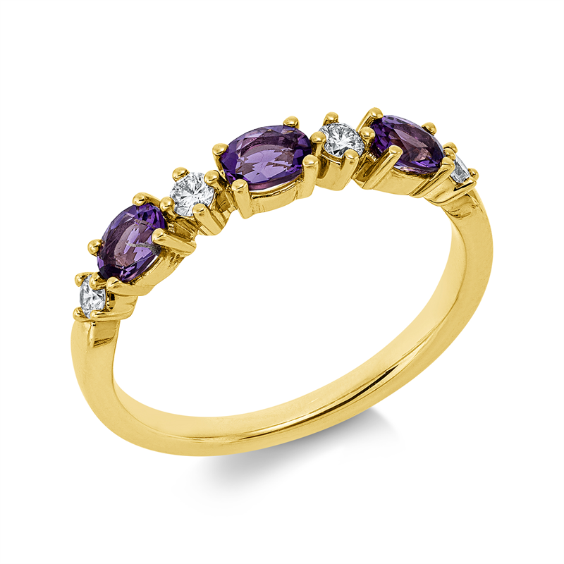 Ring 14 kt GG, 4 Brill. 0,15 ct, W-si/pi, 3 Amethyste 0,48 ct lila
