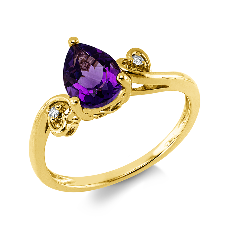 Ring 14 kt GG, 2 Brill. 0,02 ct, W-si/pi, 1 Amethyst 1,05 ct lila