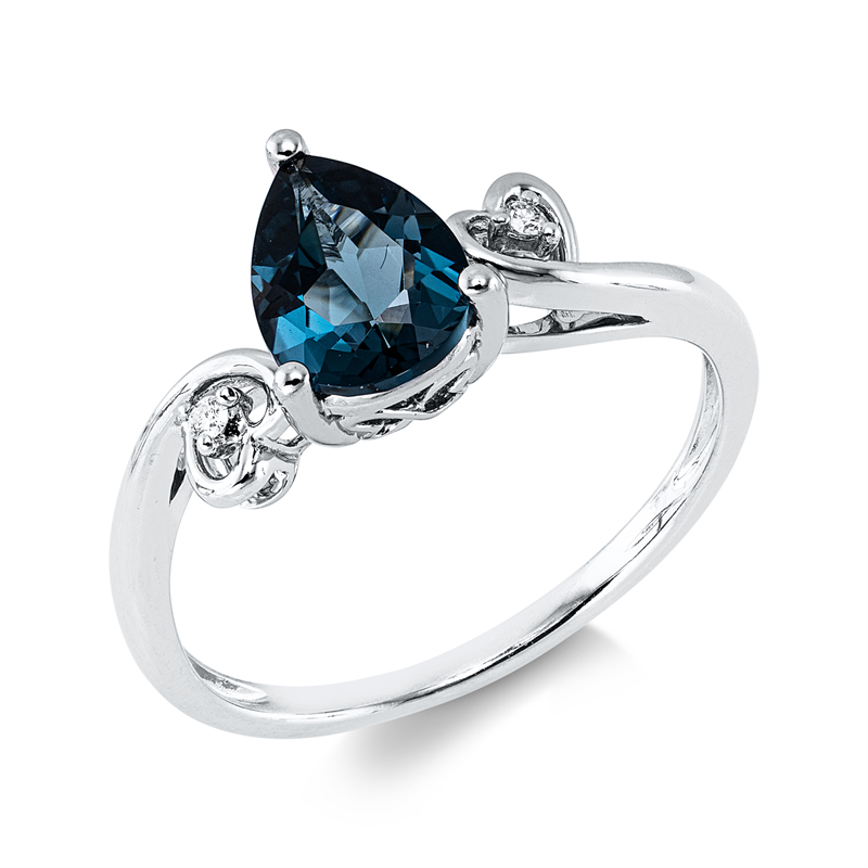Ring 14 kt WG, 2 Brill. 0,02 ct, W-si/pi, 1 Topas 1,36 ct Lond. blue