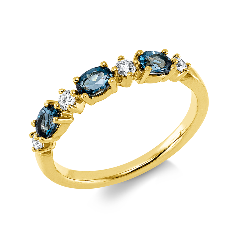 Ring 14 kt GG, 4 Brill. 0,15 ct, W-si/pi, 3 Topase 0,62 ct Lond. blue