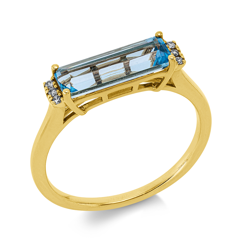 Ring 14 kt GG, 6 Brill. 0,04 ct, W-si/pi, 1 Topas 1,63 ct blau