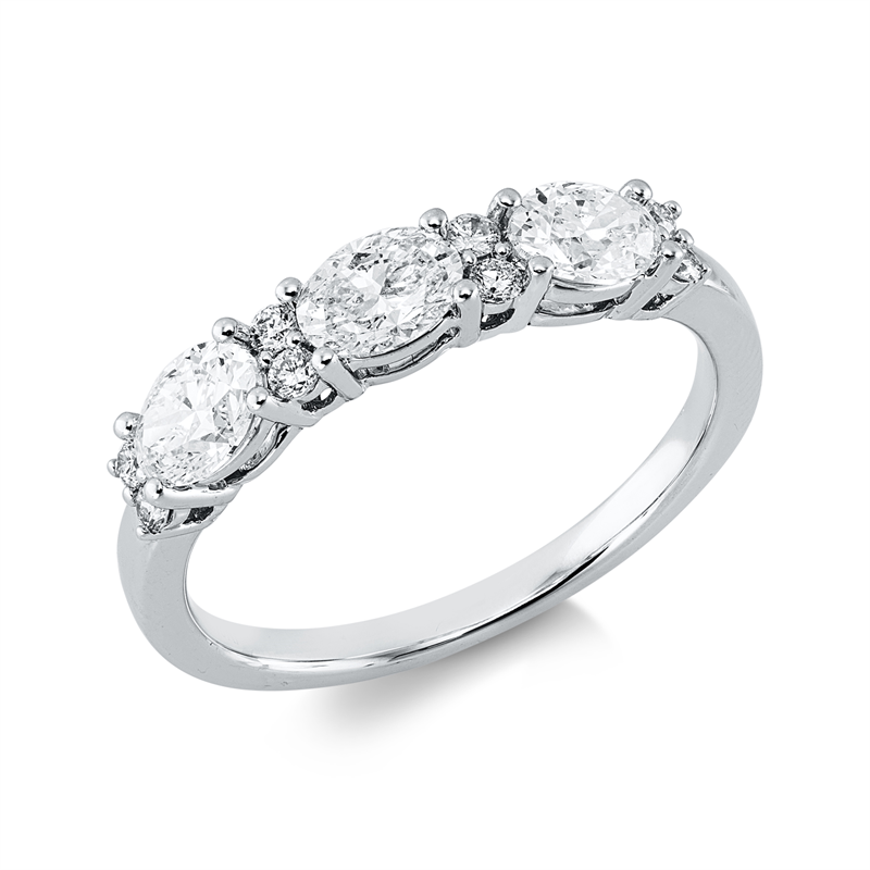 Ring 18 kt WG, 3 Oval 0,94 ct, W-si, 8 Brill. 0,13 ct, W-si