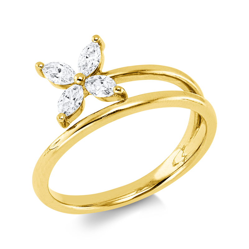 Ring 14 kt GG, 4 Nav. 0,32 ct, W-si