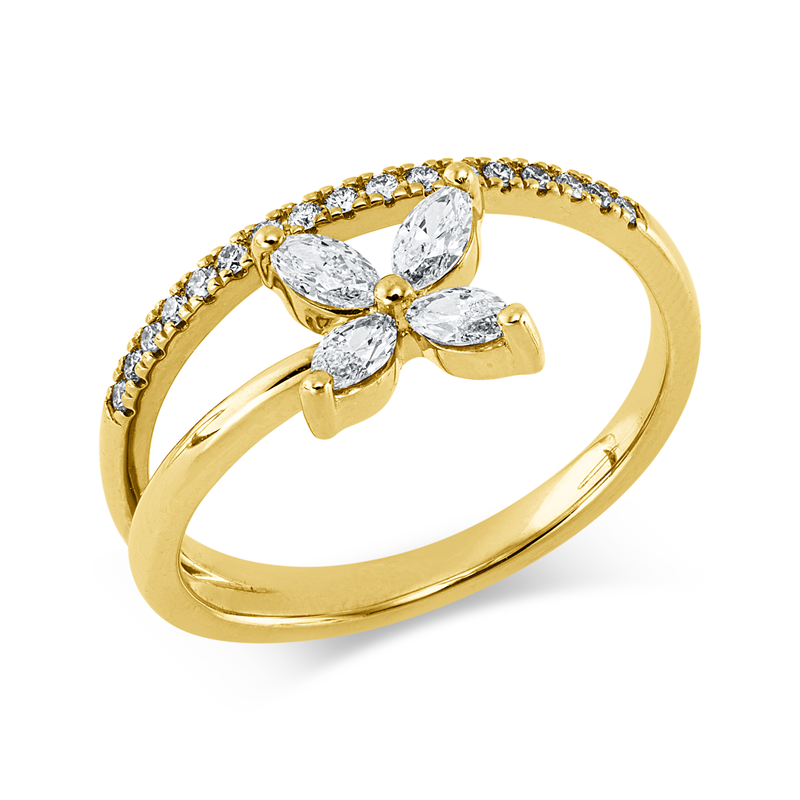 Ring 14 kt GG, 4 Nav. 0,33 ct, W-si, 17 Brill. 0,11 ct, W-si