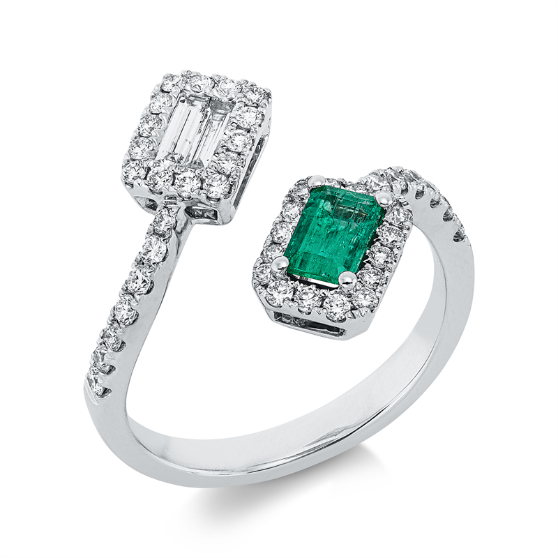 Ring 18 kt WG, 2 Bag. 0,12 ct, TW-si, 44 Brill. 0,47 ct, TW-si, 1 Smaragd 0,37 ct grün