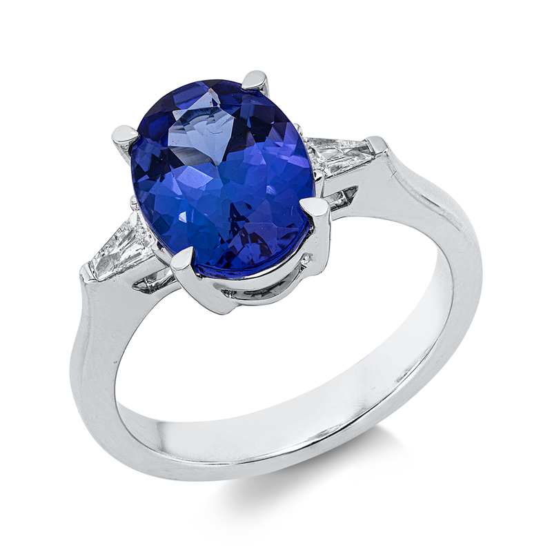 Ring 18 kt WG, 2 Trap. 0,14 ct, TW-si, 1 Tansanit 3,22 ct blau