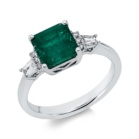 Ring 18 kt WG, 2 Trap. 0,17 ct, TW-si, 6 Brill. 0,05 ct, TW-si, 1 Smaragd 1,89 ct grün