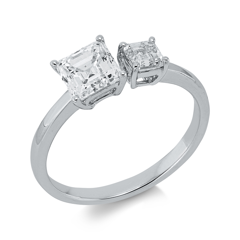 Ring 18 kt WG, GIA2526436654, 1 Assher 1,03 ct, F-si, 1 Assher 0,33 ct, TW-si
