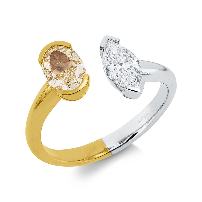 Ring 18 kt WG+GG, GIA6512673777, 1 Oval 1,01 ct, gelb-si, 1 Nav. 1,71 ct, TW-si