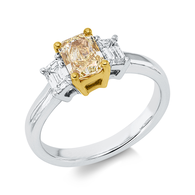 Ring 18 kt WG+GG, GIA 6522209867, 1 Radiant 1,01 ct, gelb-vs2, 2 Sm.schliff 0,59 ct, TW-si