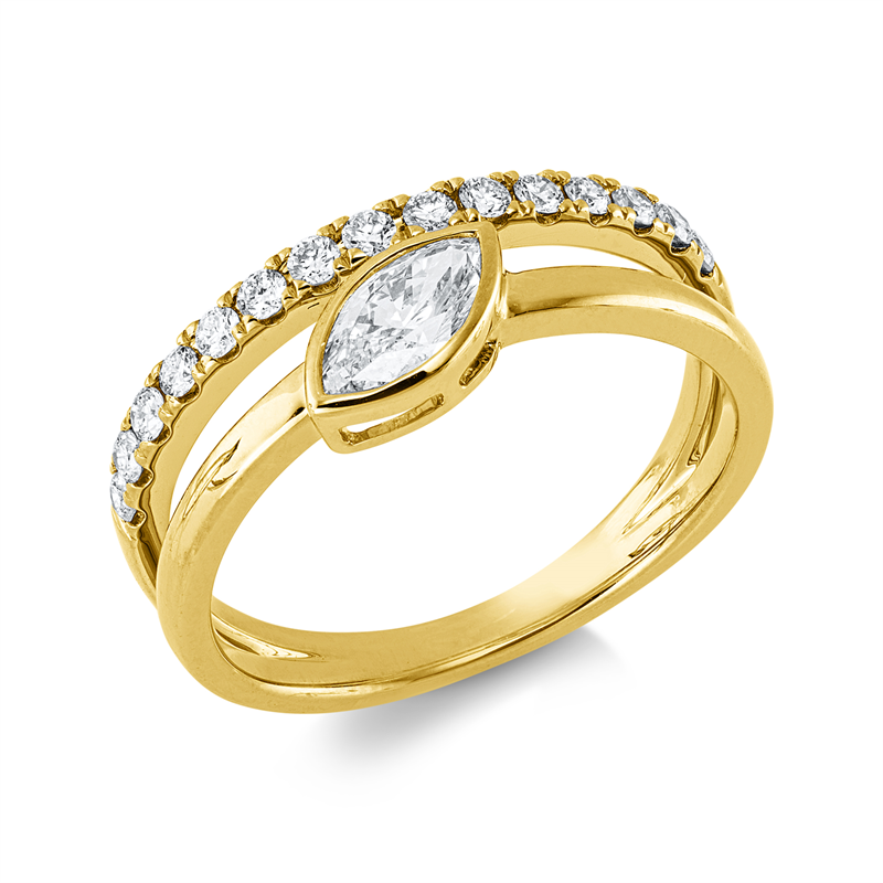 Ring 14 kt GG, 1 Nav. 0,48 ct, W-si, 15 Brill. 0,27 ct, W-si/pi