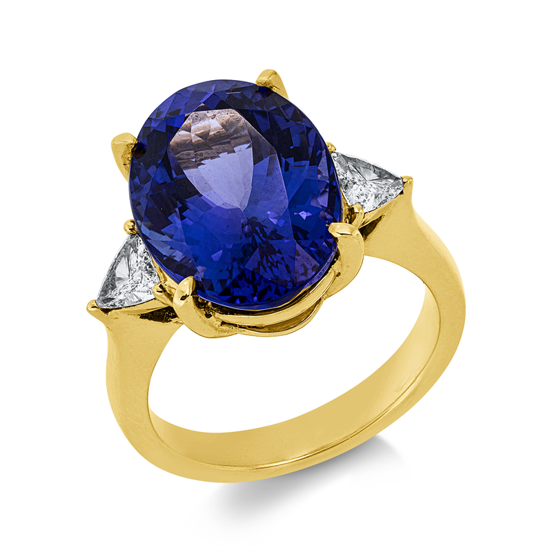 Ring 18 kt GG, IGI-53J9564324, 2 Triangel 0,38 ct, TW-si, 1 Tansanit 9,85 ct blau