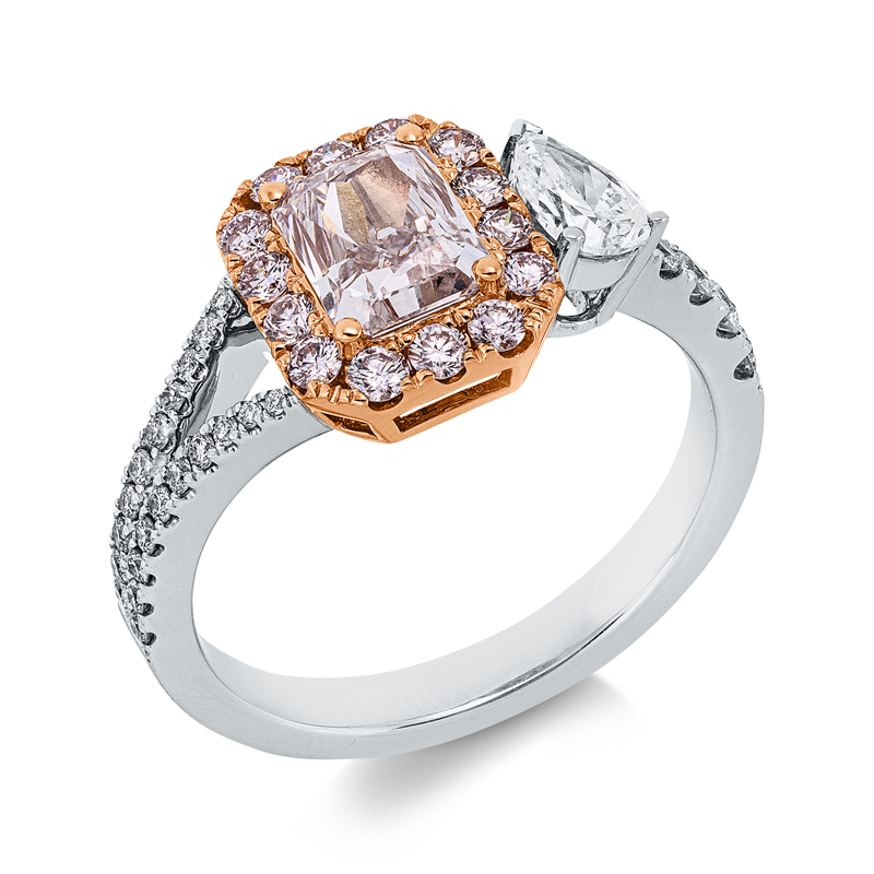 Ring 18 kt W/RG, GIA, 1 Tr 0,32 ct, TW-si, 1 Ra 1,09 ct, pi 1, 25 Br. 0,26 ct, TW-si, 14 Br. 0,31 ct, pi