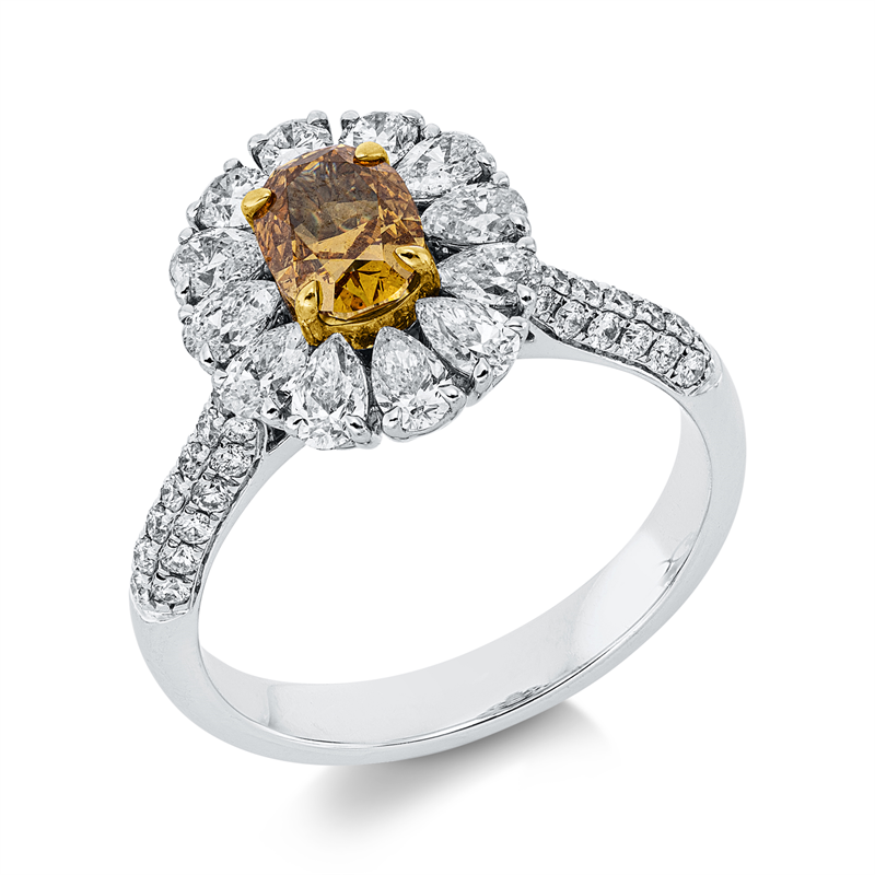 Ring 18 kt WG+GG, GIA 2135168815, 12 Tr. 0,87 ct, 41 Brill. 0,27 ct, TW-si/pi, 1 Oval 0,73 ct, gelb