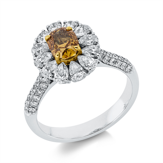 Ring 18 kt WG+GG, GIA 2135168815, 12 Tr. 0,87 ct, 41 Brill. 0,27 ct, TW-si/pi, 1 Oval 0,73 ct, gelb