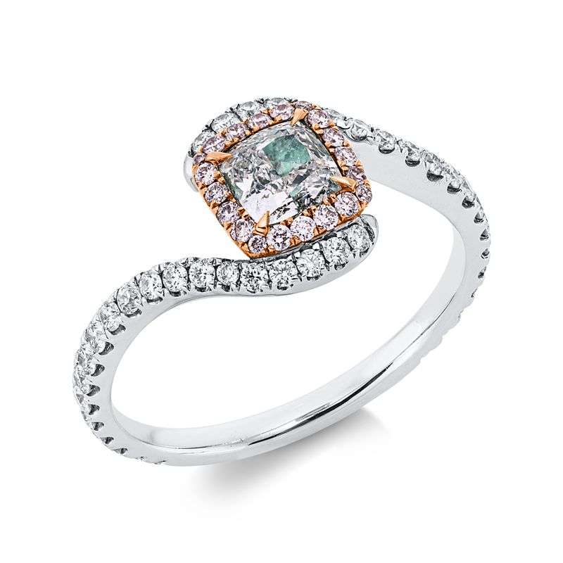 Ring 18 kt WG+RG, 40 Brill. 0,35 ct, TW-vsi/si, 1 Cushion 0,51 ct, grün, 20 Brill. 0,09 ct, pink