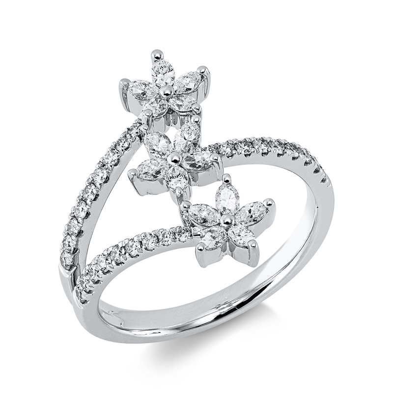 Ring 14 kt WG, 15 Nav. 0,44 ct, W-si, 27 Brill. 0,27 ct, W-si