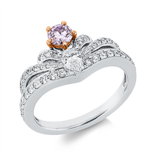 Ring 18 kt WG+RG, GIA 2215035367, 1 Tropfen 0,19 ct, 42 Brill. 0,41 ct, D/F-vsi/si,1 Brill. 0,26 ct, pink