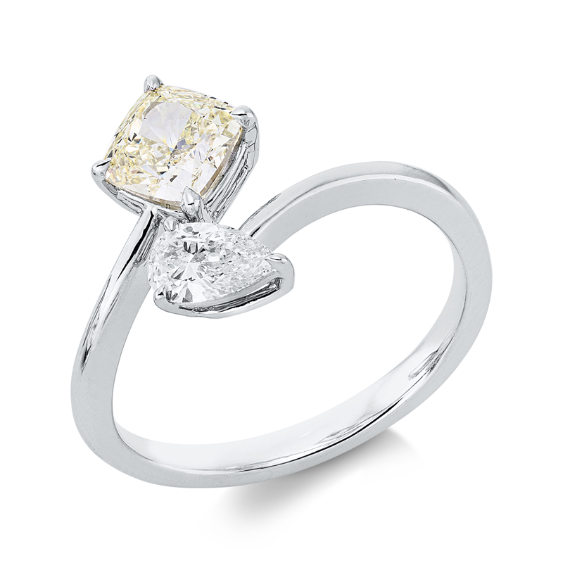 Ring 18 kt WG, GIA 6127821107, 1 Cushion 1,01 ct, gelb-si1, 1 Tropfen 0,28 ct, F-si